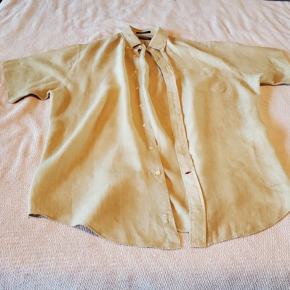 Daniel Cremieux Collection Mens Large Tan 100% Linen Short Sleeve Button Down
